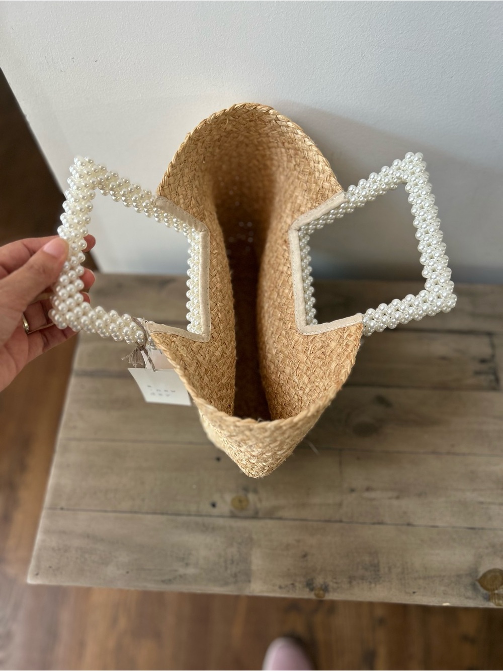 Boutique Pearl Handle Straw Basket Tote Bag | Coquette Cottagecore Summer Beach - Picture 6 of 6